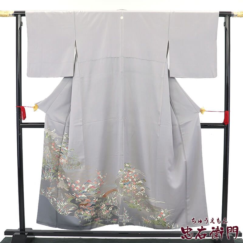 色留袖 一つ紋 丸に剣片喰 袷 レディース 正絹 灰 風景柄 茶屋辻 身丈155.5cm 裄丈67cm 式典 結婚式 Mサイズ相当