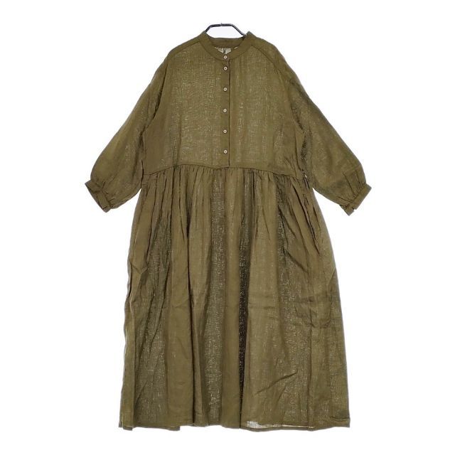 fog linen work リトアニアリネン バンド ギャザー ハーフボタン プルオーバー ワンピース カーキ レディース フォグリネンワーク 5-0403M∞