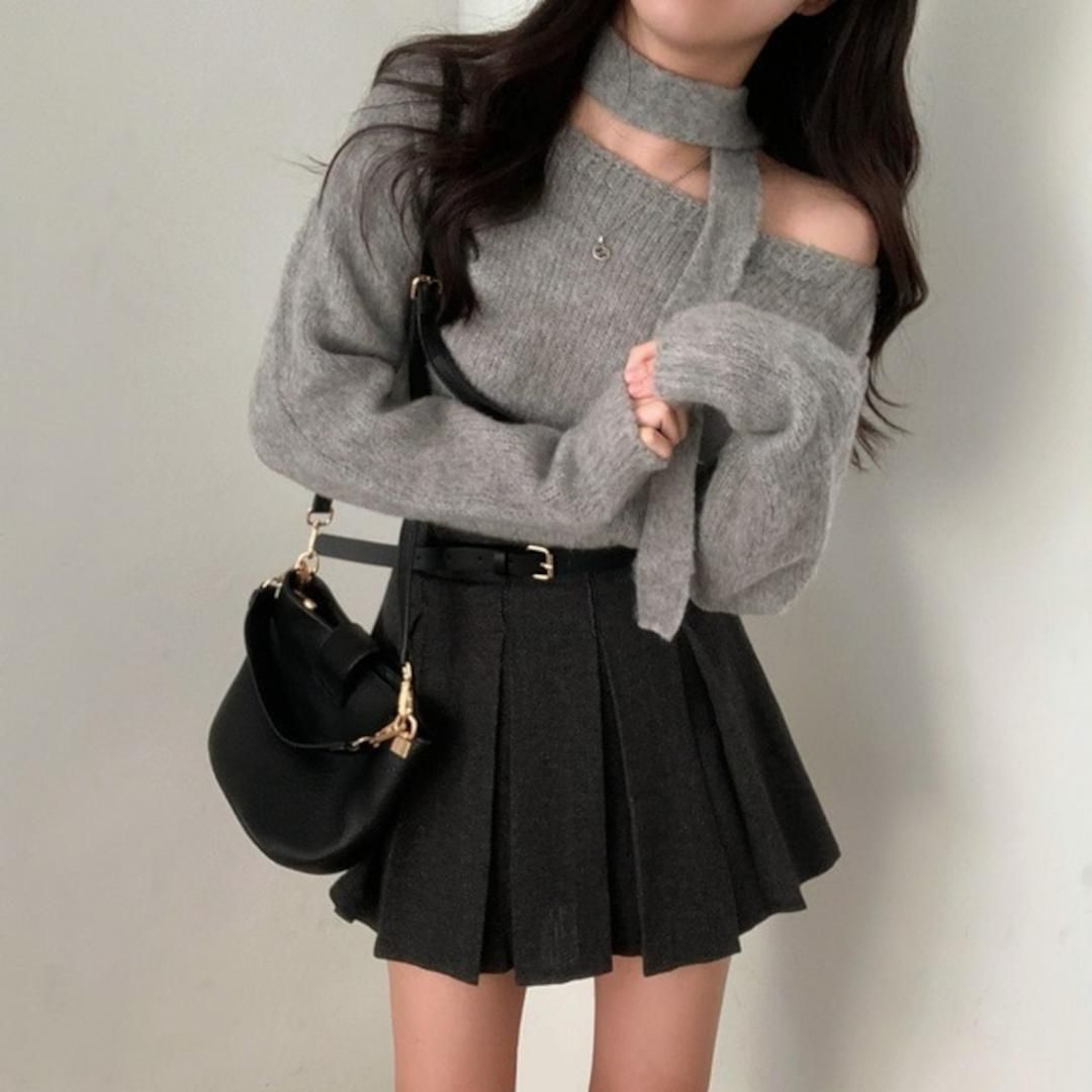 タグ付き♡GOLDS♡ハートチャーム＆ダブルジッパー♡チョーカー付きトップスPK 韓国肩見せ♡チョーカー付き ニットトップス ショルダーオープン
