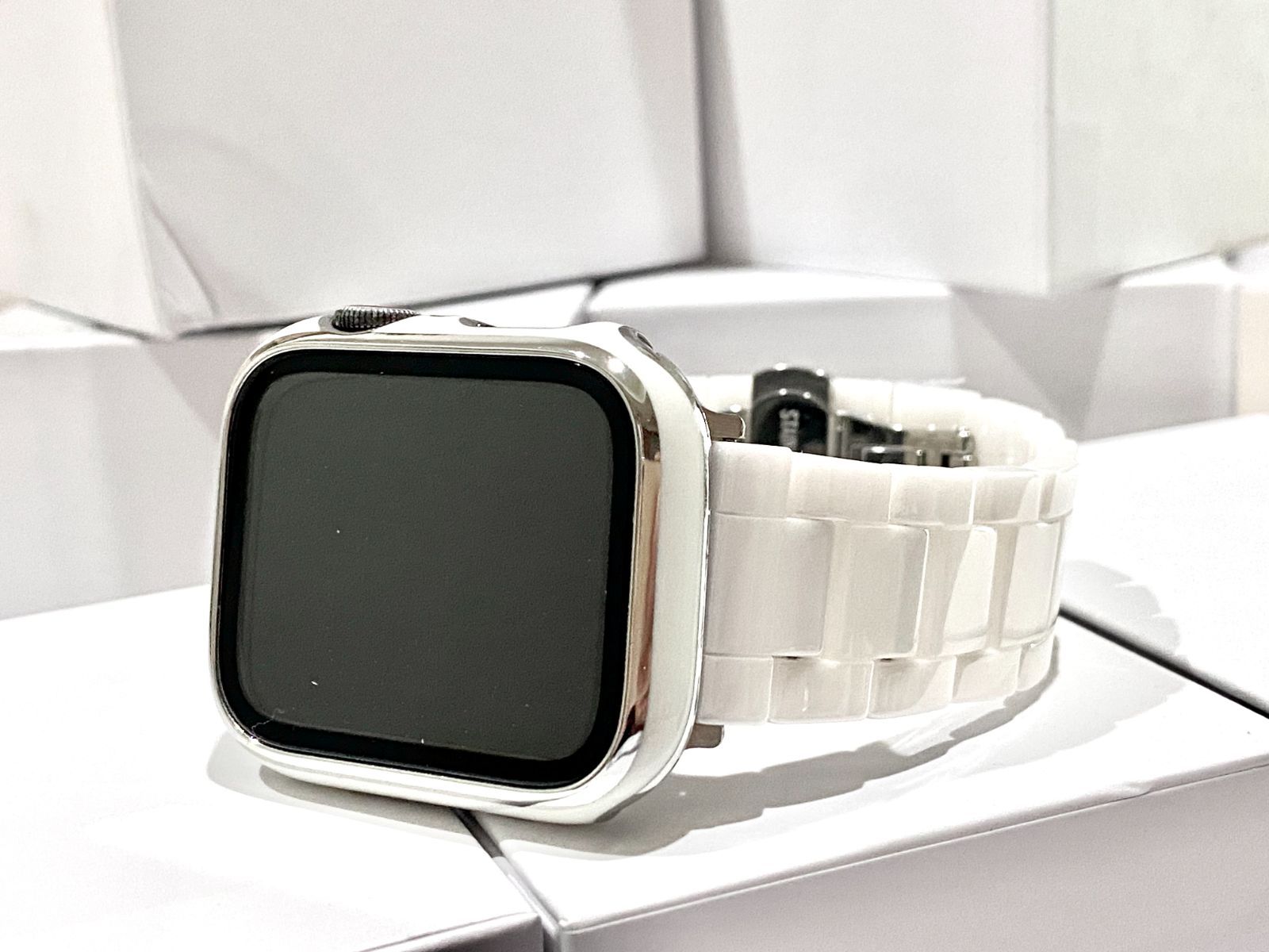 白セラミック×ホワイトカバーシルバーライン　アップルウォッチバンド セラミックベルト Apple Watch用カバーケース　38　40　41　42　44　45　49　SE 1/2/3 Ultra1/2/3 保護付