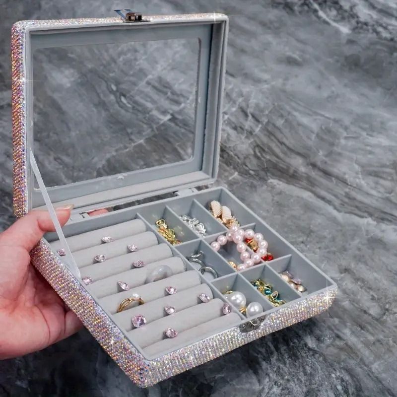 アクセサリーボックス ジュエリーボックス ジュエリーオーガナイザー ラインストーン 上品 ダイヤモンド調 シルバー リング ネックレス ジ