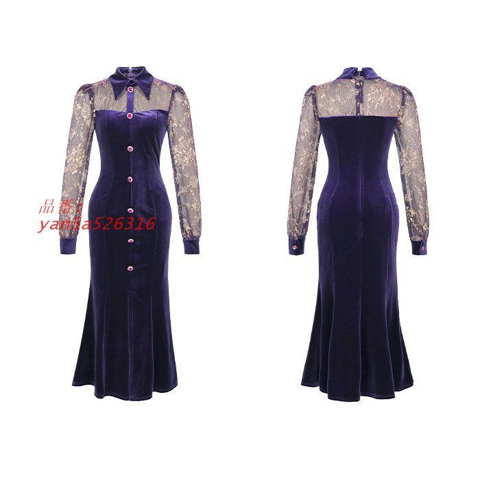 深スリットベロア ロングタイトドレスワンピース