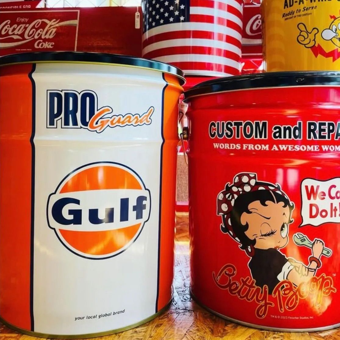 (^-^)  Gulf オイル缶 スツール ORANGE イス 収納 在庫限り】新品 🇺🇸 オイル缶 ペール缶スツール 丸椅子【GULF
