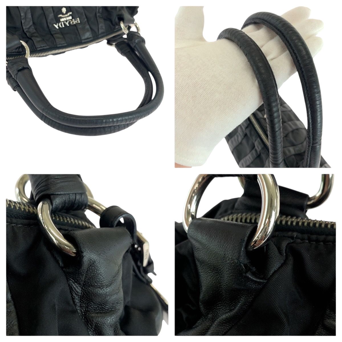 [超絶美品]プラダ バッグ ロゴ ブラックｘシルバー金具 ナイロンｘレザー 美品 PRADA プラダ ロゴ ブラック 黒 シルバー金具 ナイロン