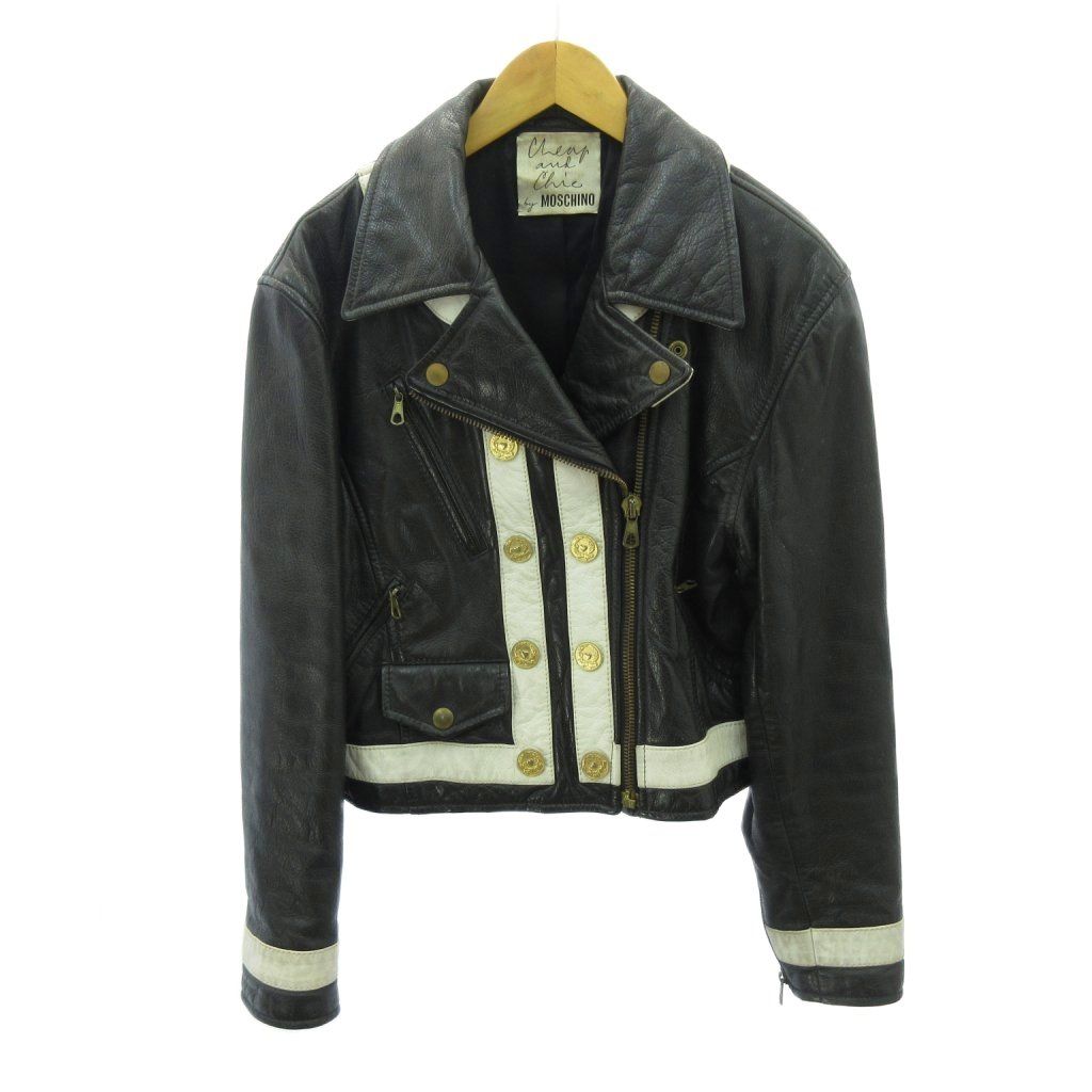 モスキーノ MOSCHINO ダブルライダース レザージャケット ライン 金釦 ショート丈 42 黒 白 ブラック ホワイト 1010