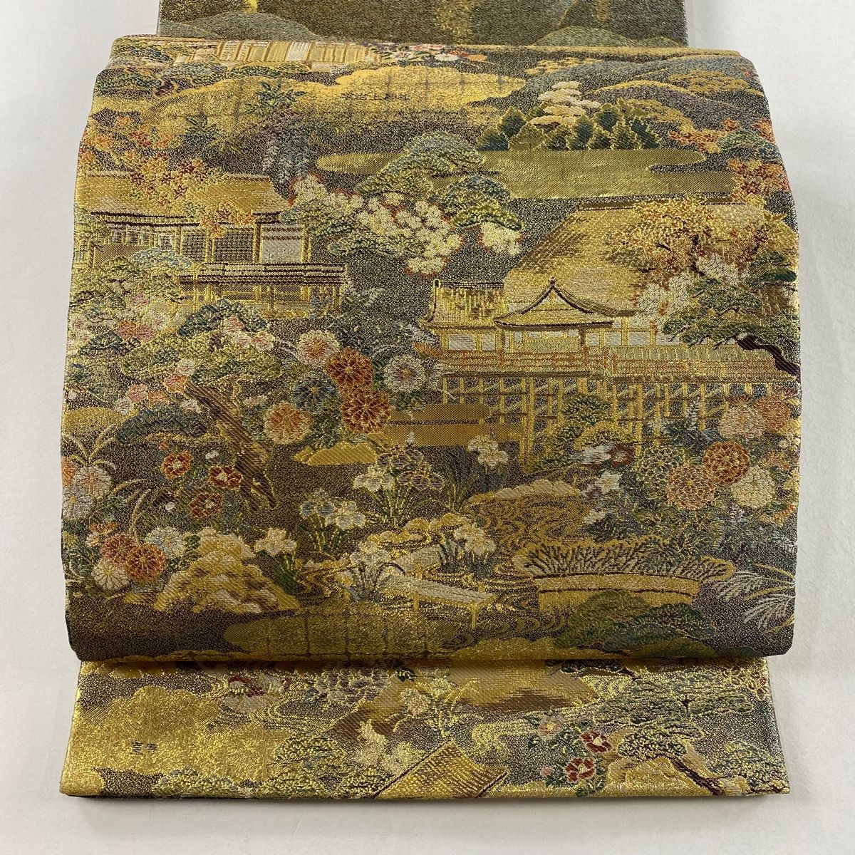 丸帯 名品 風景 建物 箔 茶緑色 全通 正絹