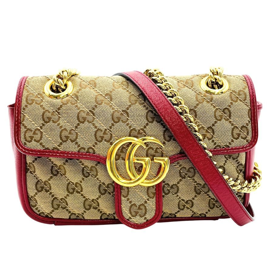 グッチ GUCCI チェーンショルダーバッグ GGキャンバス マーモント 赤 ベージュ レザー レッド 7-3-1049