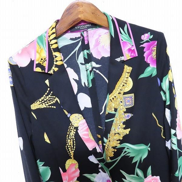 anc レオナール LEONARD ジャケット M 黒 マルチ 花柄 ジュエリー柄