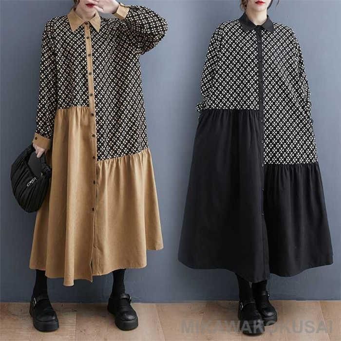ワンピース シャツワンピース レディース ロングシャツ ロング シャツ ワンピ プリント アシンメトリー 長袖 綿 コットン 体型カバー