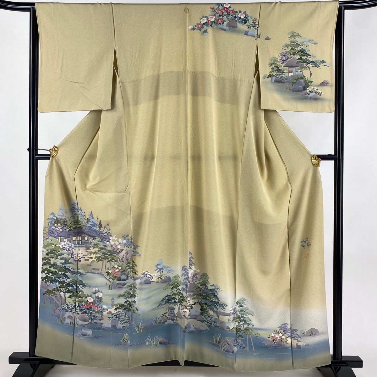 訪問着 身丈159cm 裄丈64.5cm M 袷 落款 庭園風景 建物 ベージュ 正絹 秀品 一つ紋