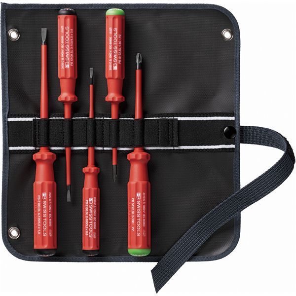 PB SWISS TOOLS ピービースイスツールズ 5本組 スイスクラシック スリムハンドルタイプ 絶縁ドライバーセット マイナス ポジマイナス ロールケース付 5543.SUSLGY