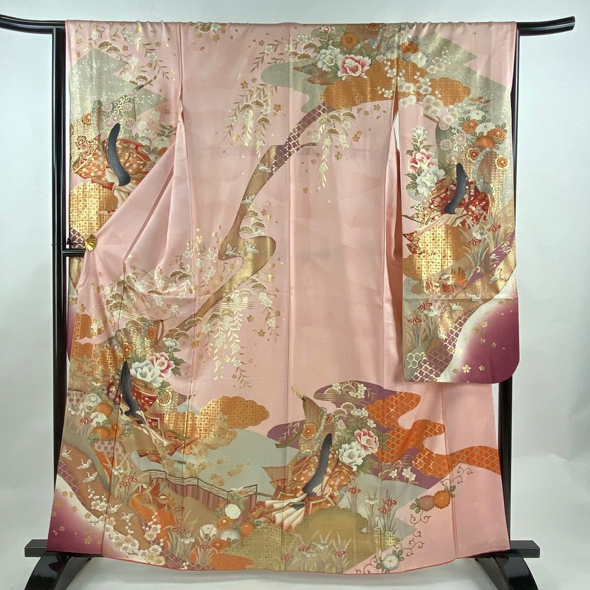 振袖 身丈157.5cm 裄丈66.5cm M 袷 草花 鳳凰 金彩 黒 正絹 美品
