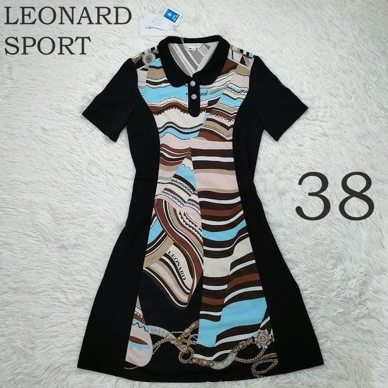 タグ付き未使用 LEONARD SPORT レオナール ポロシャツ ワンピース 38 総柄 マルチカラー ブラック 黒 インナー付き 春夏 上品 派手 極美品
