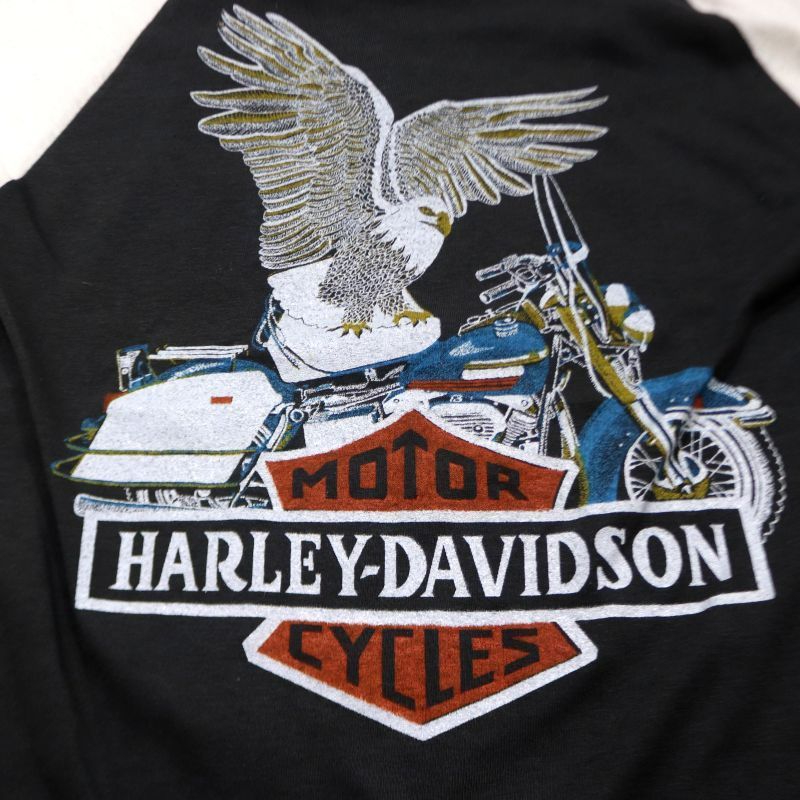 80s vintage HARLEY DAVIDSON イーグル スカル 袖プリ ラグランスリーブＴシャツ メンズ 表記Sサイズ