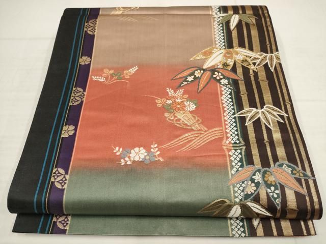 平和屋着物▽両面 全通柄袋帯 唐織 草花竹文 金糸 正絹 逸品