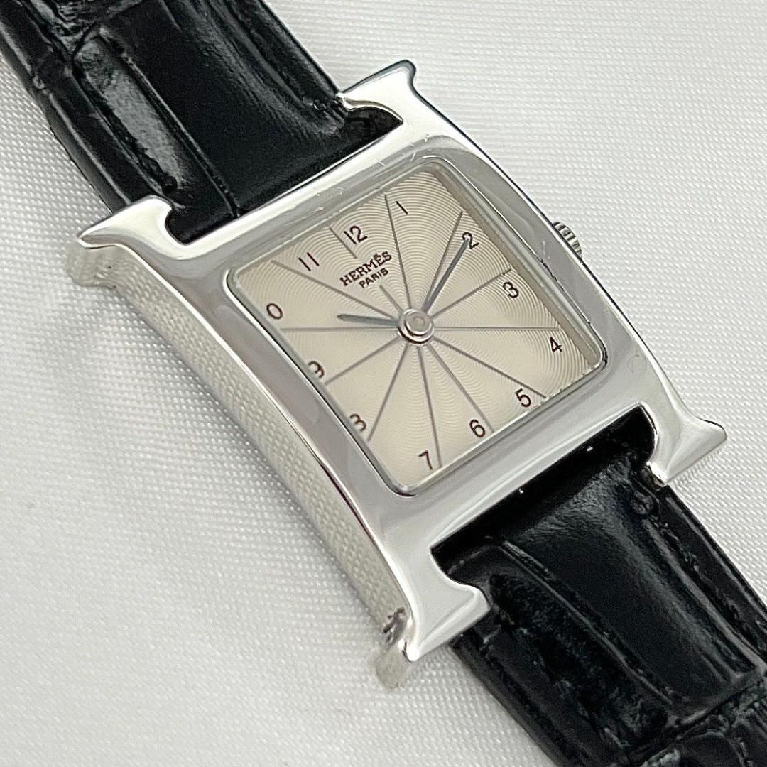 エルメス Hウォッチ ビジネス 稼働品 新品ベルト アイボリー 黒 Hermes  