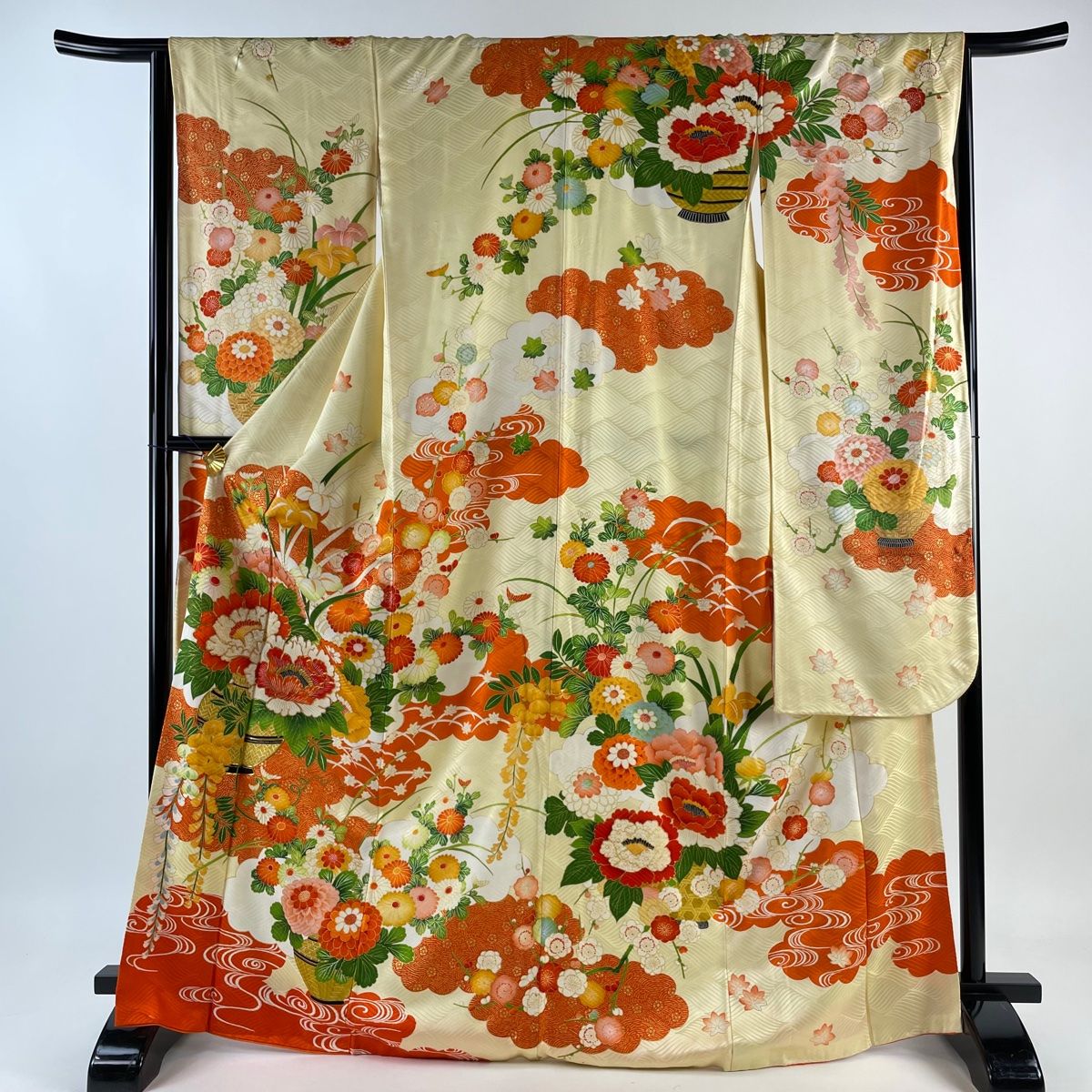 振袖 身丈169cm 裄丈66cm M 袷 花器 流水 刺繍 金糸 薄黄 正絹 秀
