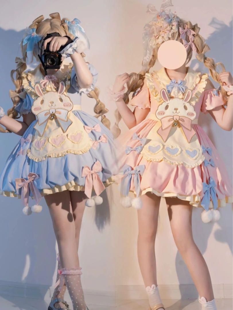ロリータ 半袖ワンピース かわいいウサギ ジャンパースカート 甘