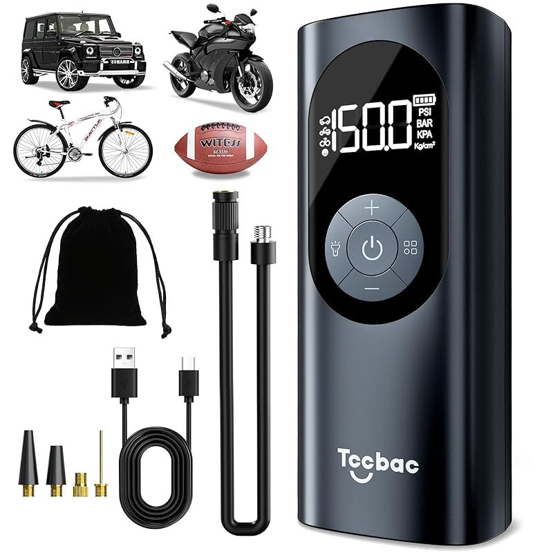 TCCBAC 自転車 空気入れ 電動空気入れ 車 充電式 最大圧力150PSI 6000mAh 空気圧指定可 自動車タイヤエアーポンプ ロードバイク|バイク|ボール|小型自動車 携帯 2倍の膨張速度 自動停止 仏|英|米式バルブ対応 Type-C充電 自動