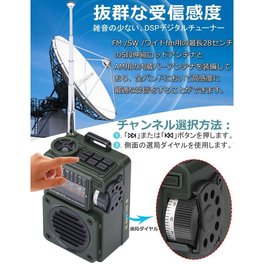 ZHIWHIS ラジオ 小型 レトロ bluetooth おしゃれ 携帯 AM FM 短波 fm ワイド 対応 usb 充電 SD対応  アーミーグリーン ZWS-700 - メルカリ