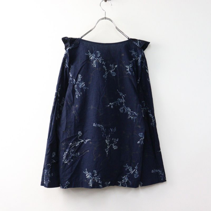 45R インディゴ抜染花柄フリルブラウス