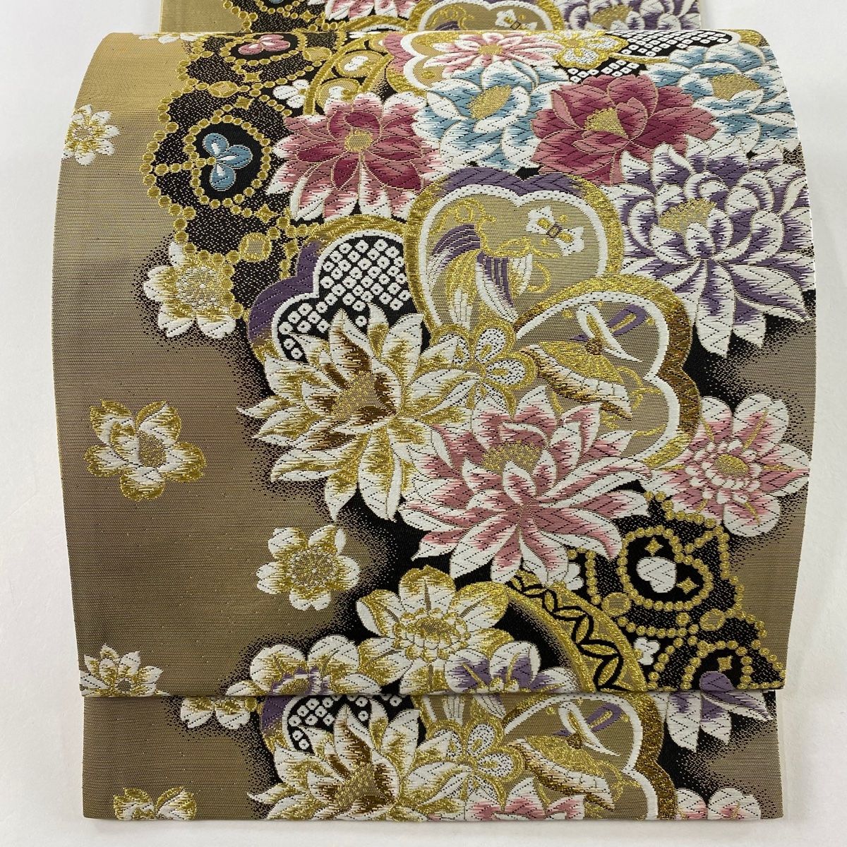 袋帯 美品 秀品 花 松竹梅 金糸 唐織 灰茶 六通 正絹 【中古