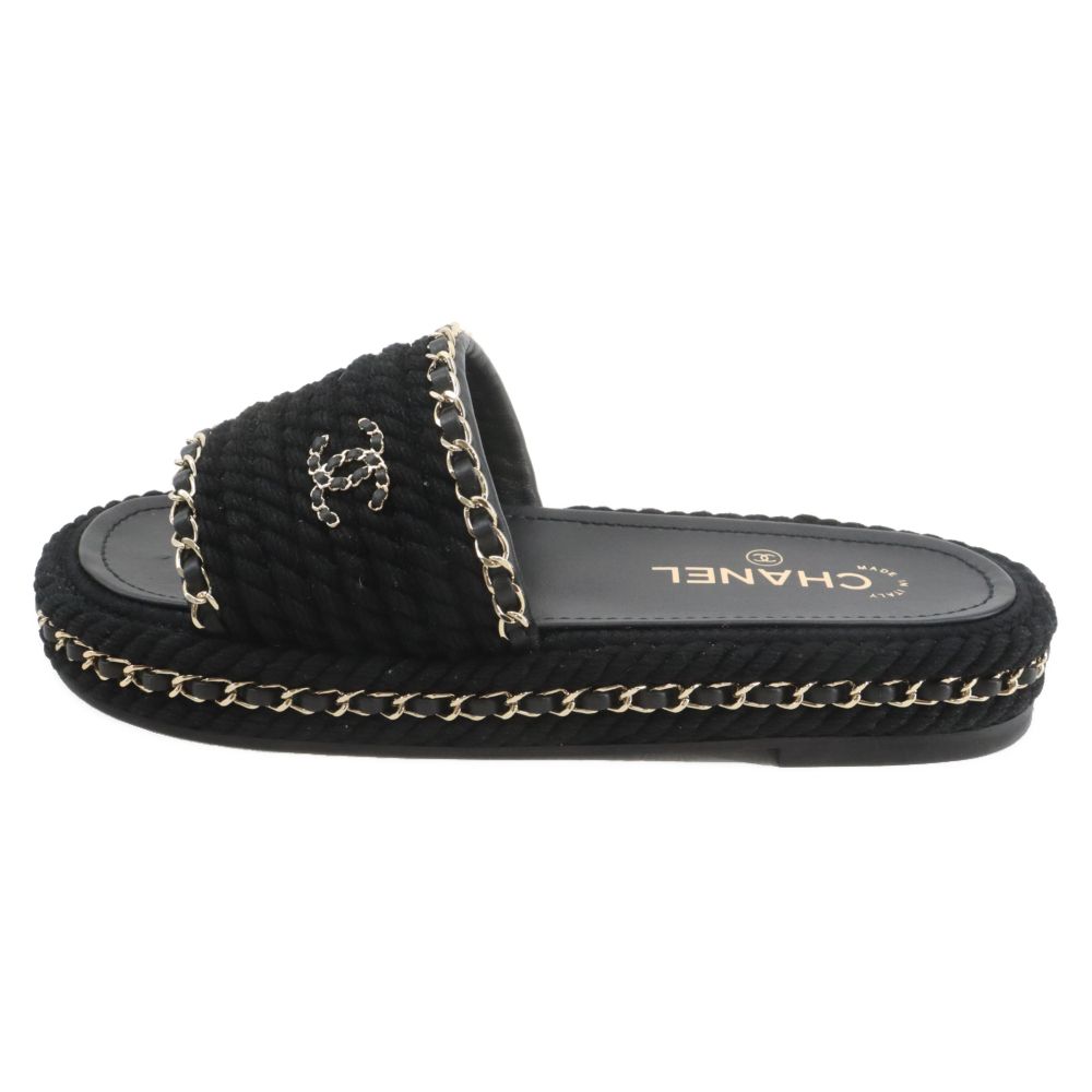 室内履きのみ美品CHANEL チェーン ツイード レザー サンダル ブラック