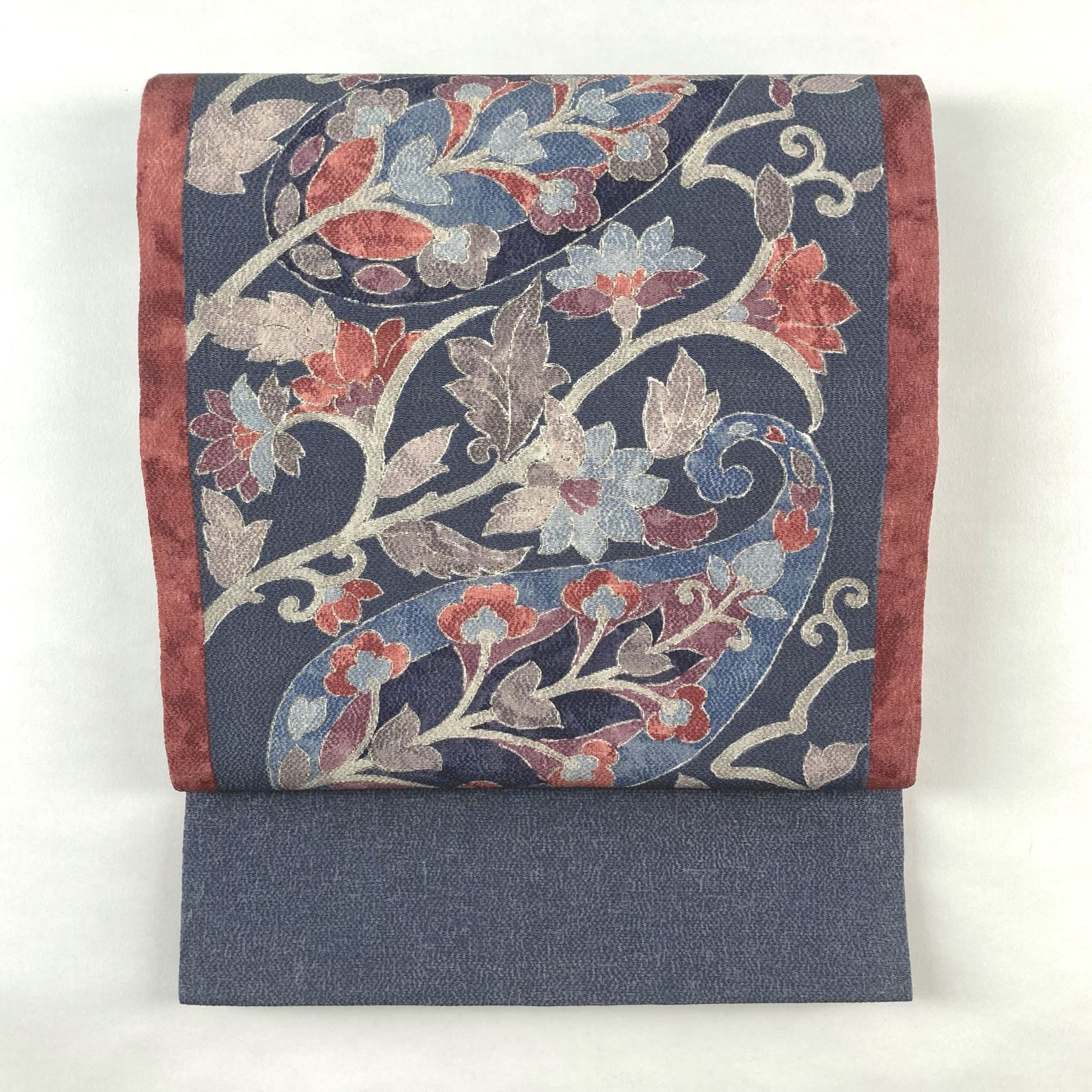 美品】染帯 ブルーグレー名古屋帯 更紗 刺繍あり 携われ