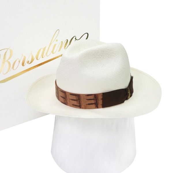 極美品 Borsalino ボルサリーノ パナマ エクストラ ファイン ワニ革 カイマン レザー バンド 中折れ ハット 帽子 箱付き 46726