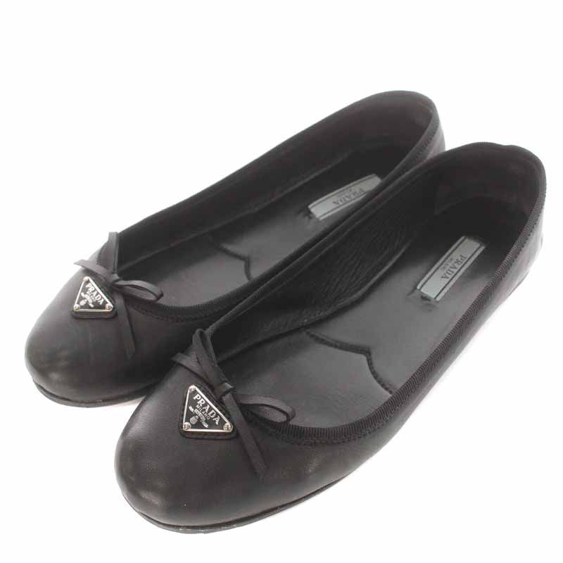 プラダ PRADA バレエシューズ パンプス ナッパレザー ラウンドトゥ リボン トライアングルロゴ 38.5 25.5cm 黒 ブラック |YI20 SH