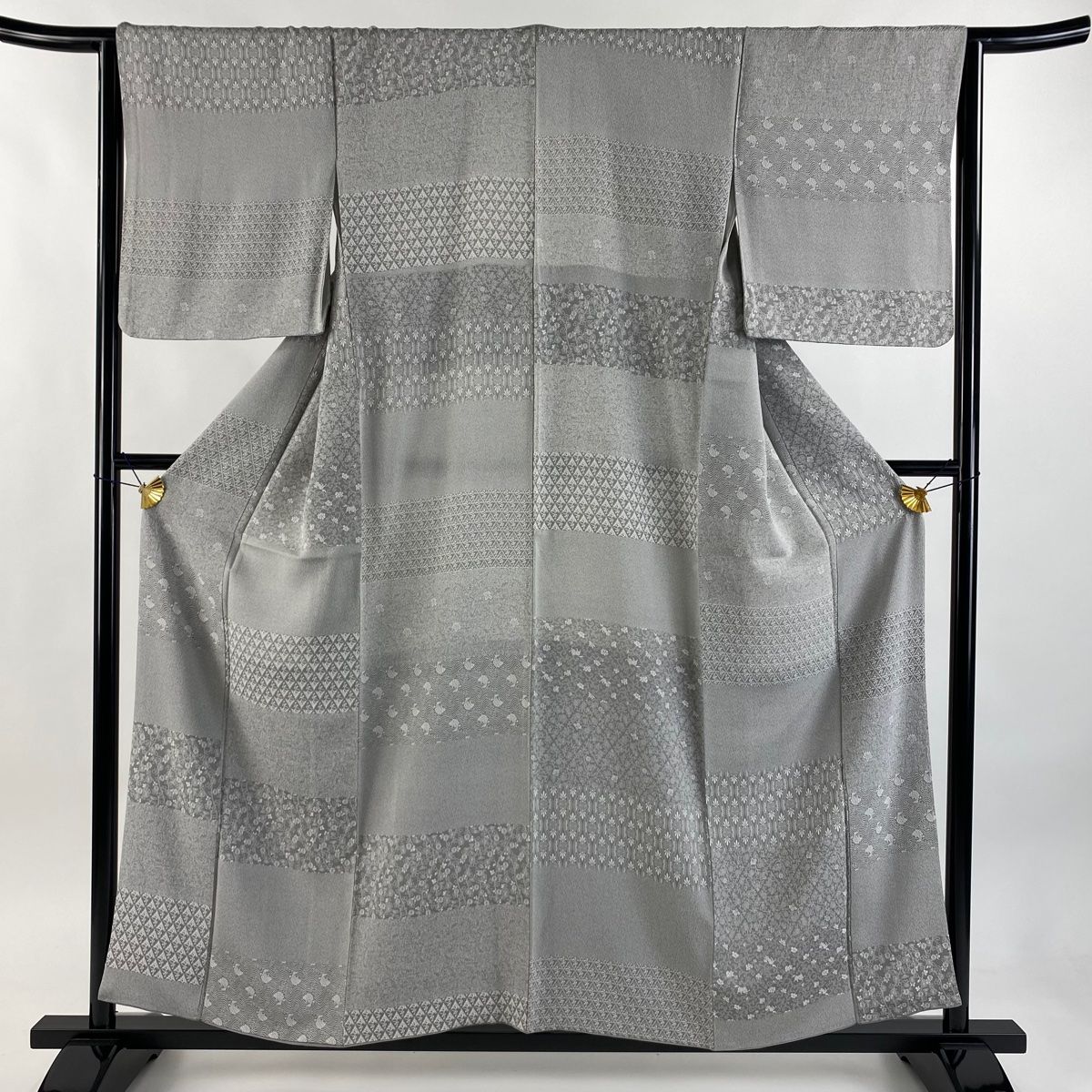 小紋 身丈157cm 裄丈64cm M 袷 荒磯 鶴 灰色 正絹 秀品