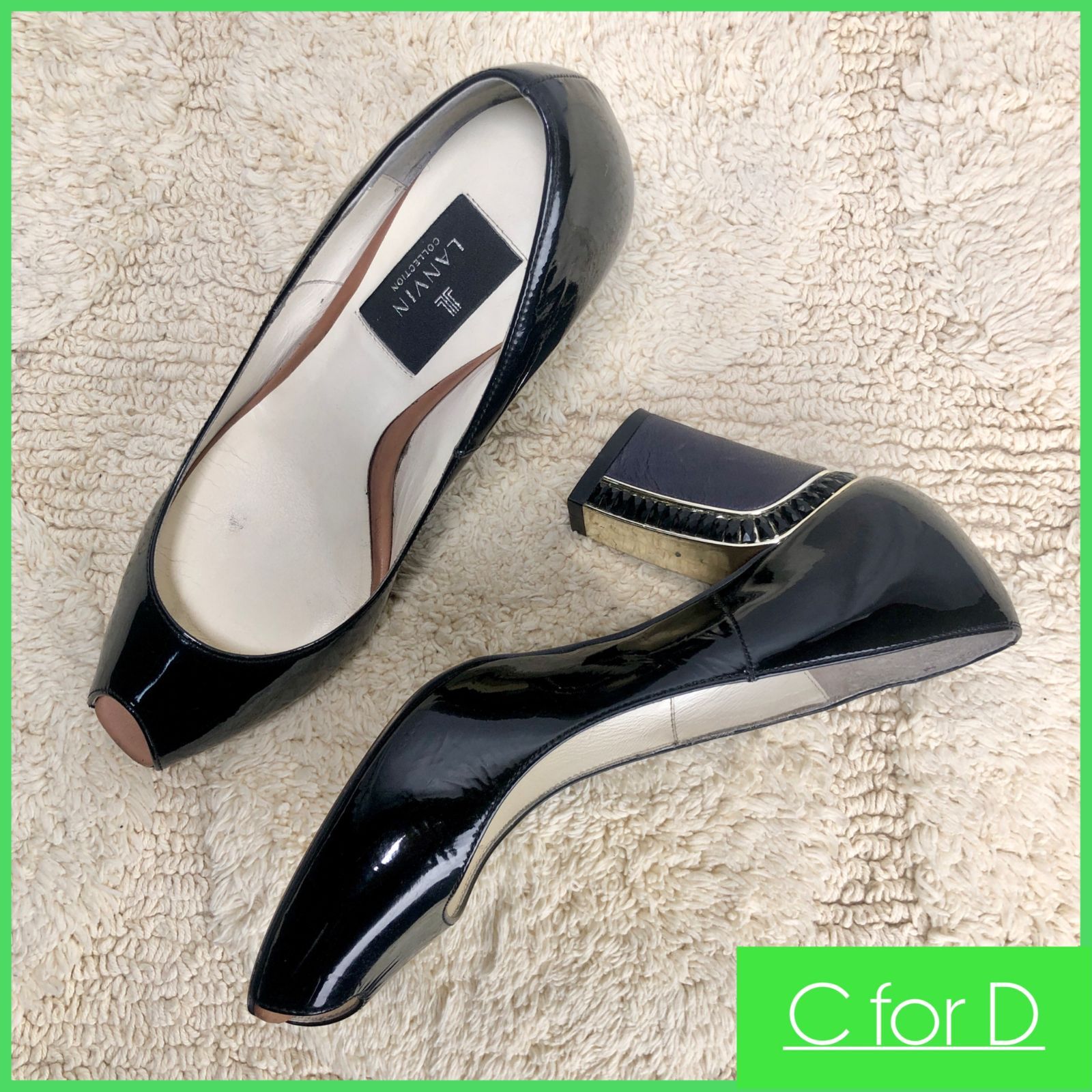 LANVIN 黒 エナメル ハイヒールパンプス 24.5cm ランバン オン ブルー 