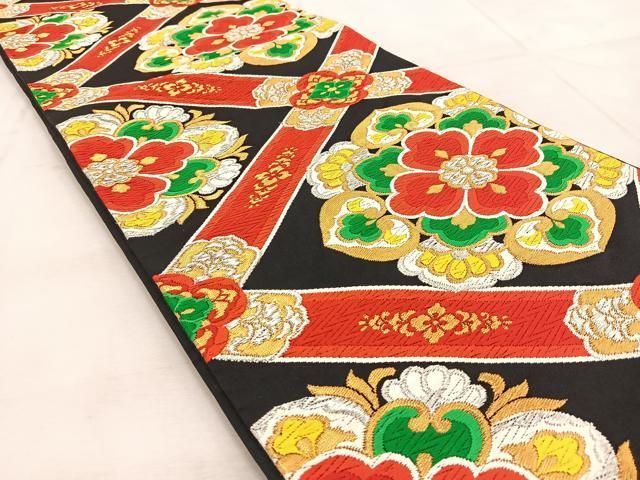 平和屋着物◎六通柄袋帯 唐織 菱天井正倉院花文 黒地 金銀糸 正絹 逸品