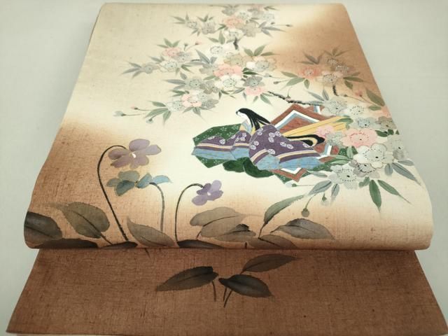 平和屋着物●太鼓柄袋帯 紬地 手描き 人物風景花文 金彩 正絹 DAAS3586ps