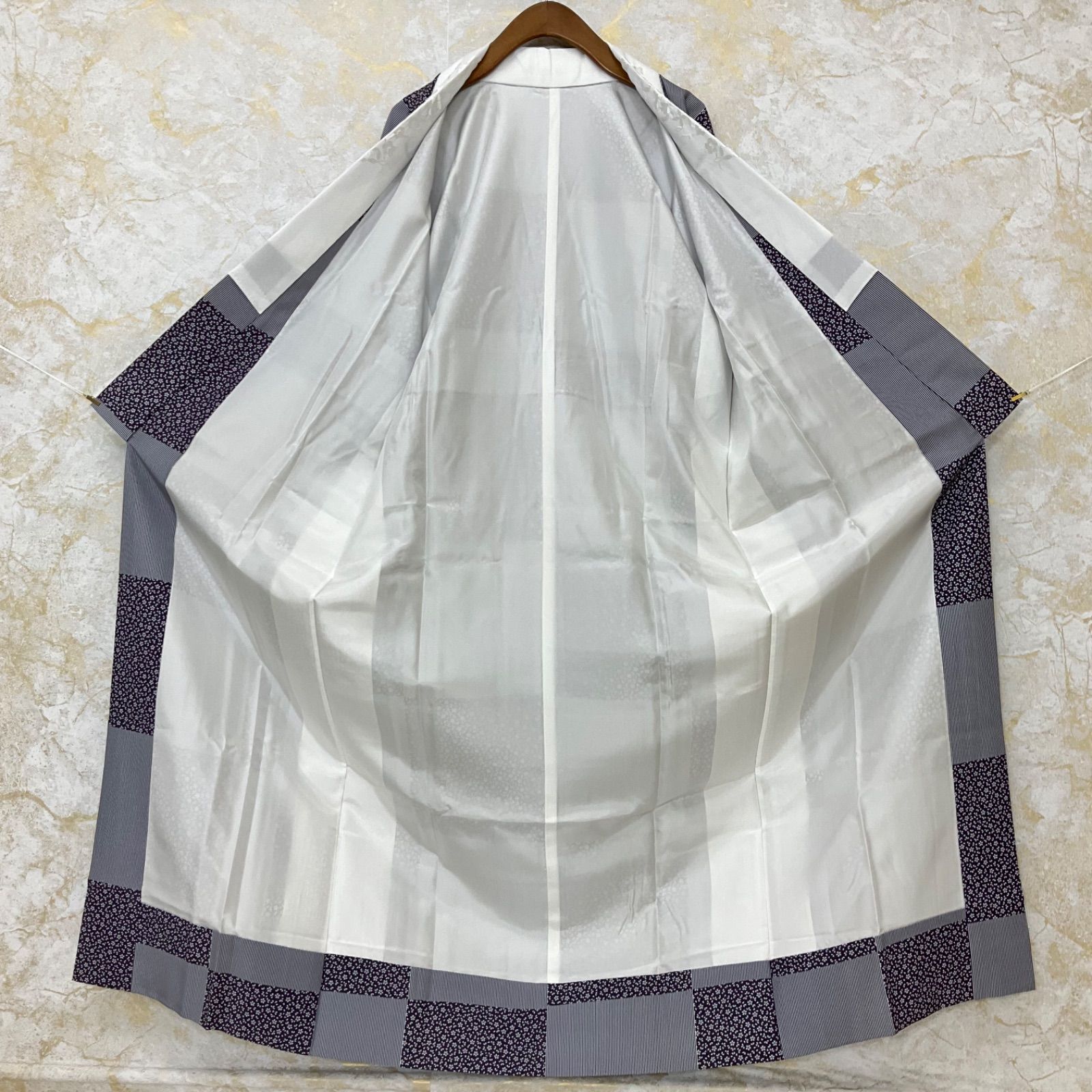 同然◆長襦袢◆仕付け糸付き◆袷◆紫◆ストライプ◆桜◆市松模様◆刺繍半衿付◆裄64.5肩丈131.5◆小紋紬附下訪問着留袖袷単衣夏着物◆K1173