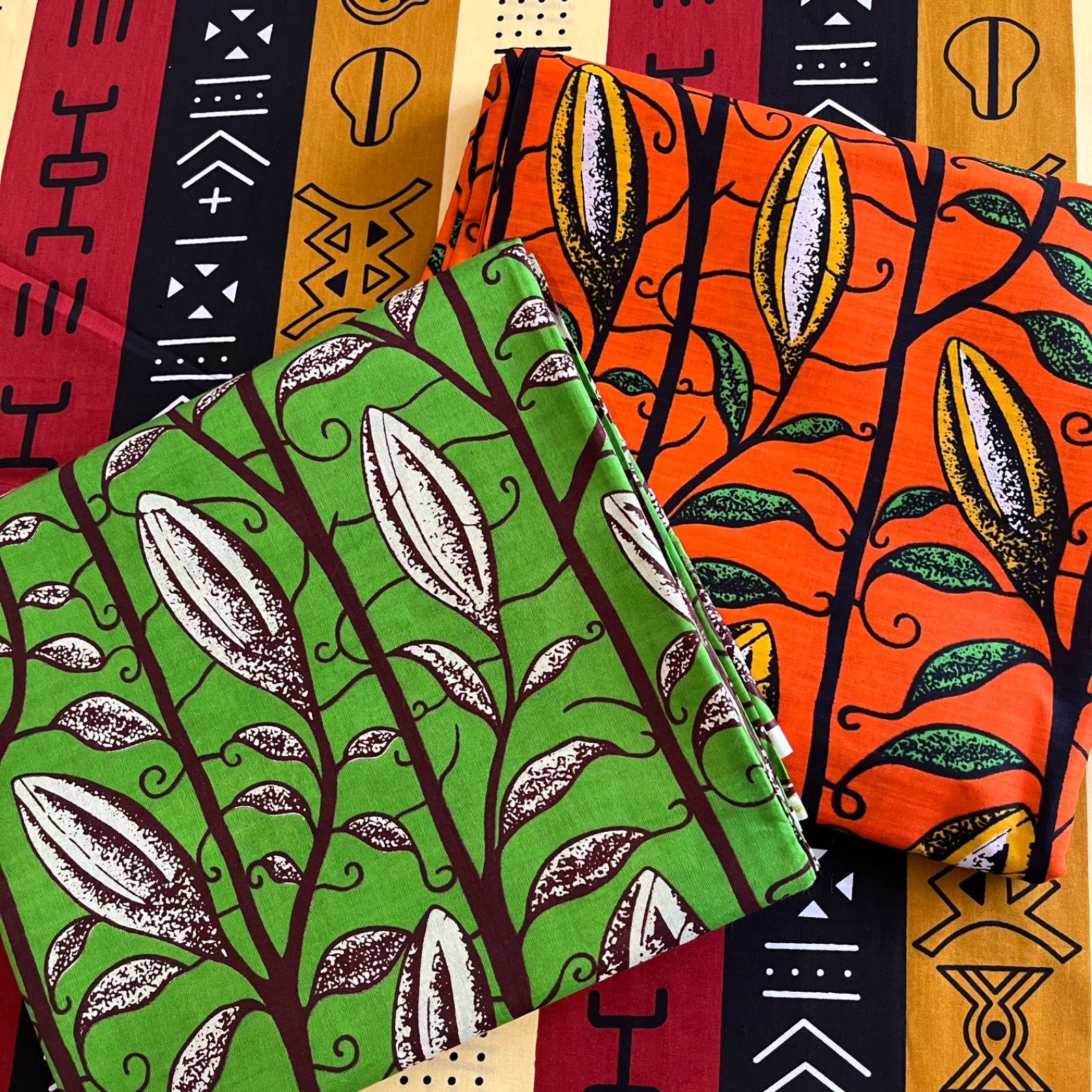 アフリカ布 オレンジ ツタ模様 ロング マキシ丈 ノースリーブ