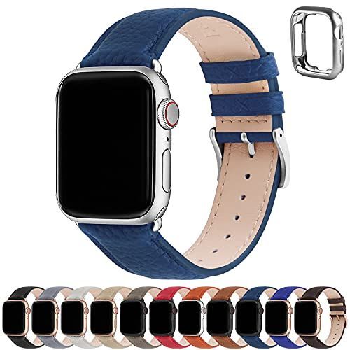 ダークブルー+シルバーバックル_42mm44mm45mm アップルウォッチ バンド Apple Watch バンド アップルウォッチベルト 本革 装着簡単 保護ケース付き レディース メンズ 123456789SESE2UltraUltra2シリーズ対
