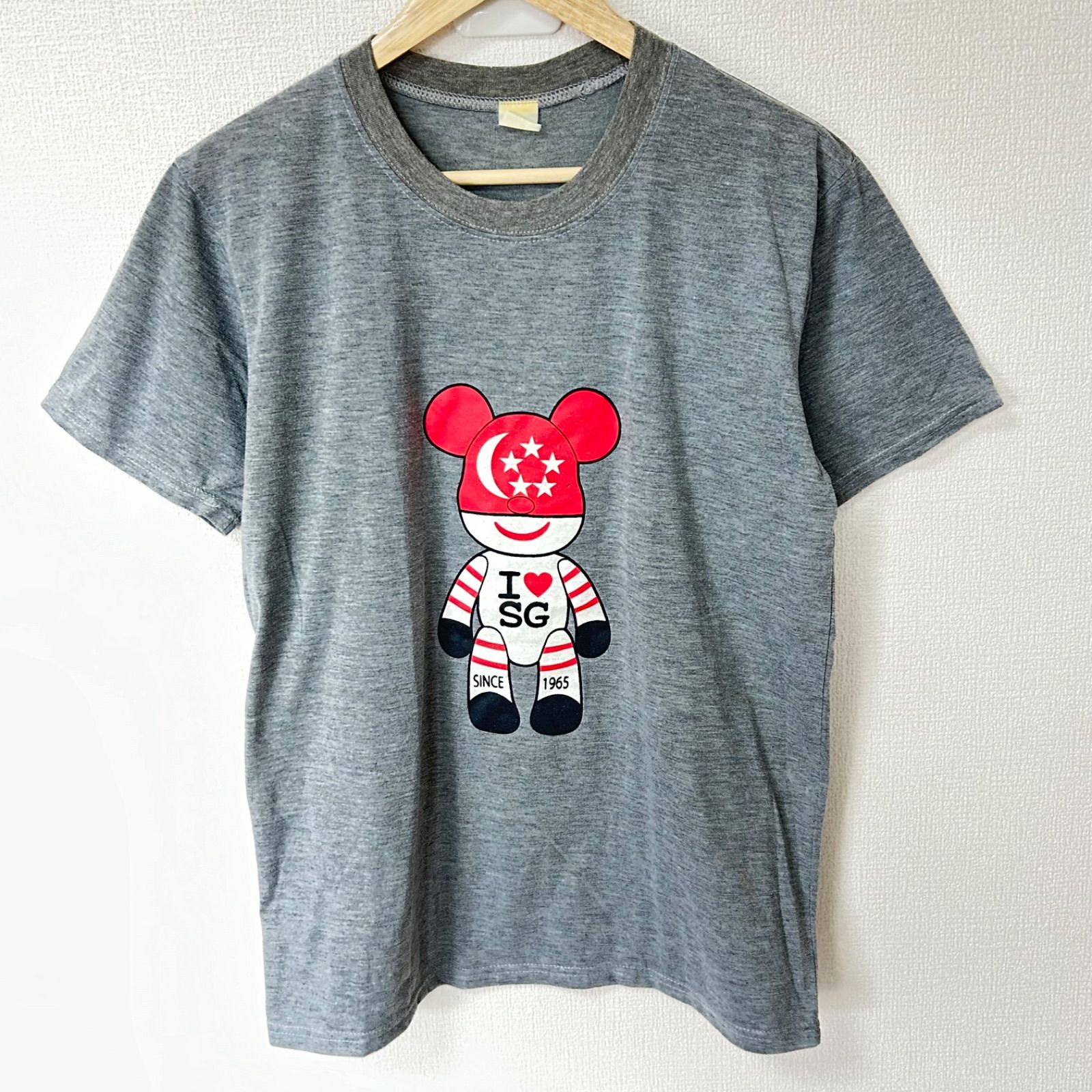 (^w^)b BE@RBRICK ベアブリック クルーネック 半袖Tシャツ I LOVE SG SINCE 1965 シンガポール フロントプリント 古着MIX カジュアル グレー メンズ レディース ユニセックス