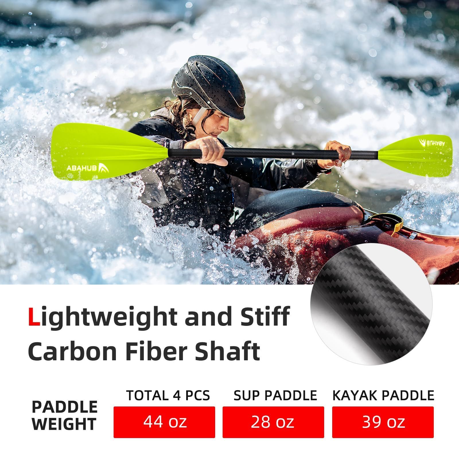 Abahub 4ピース カーボン カヤックパドル SUP パドル 調整 スタンドアップパドルボード 軽量 カーボン シャフト プラスチック ブレード