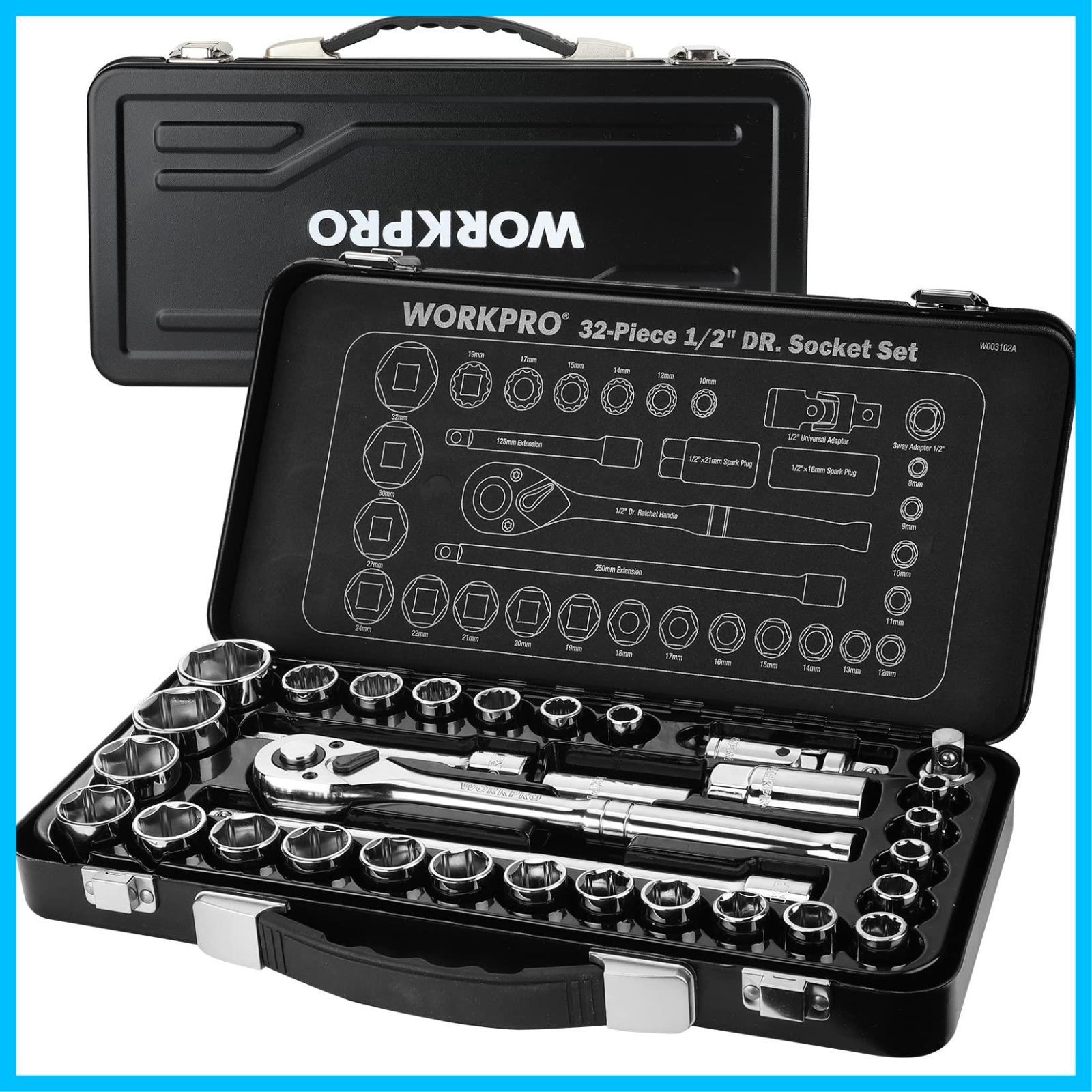 【人気商品】バイク 鉄製収納ケース付き クイックリリースラチェットハンドル 自動車整備 ガレージツールセット 32点セット 差込角12.7mm 工具セット ソケットレンチセット WORKPRO