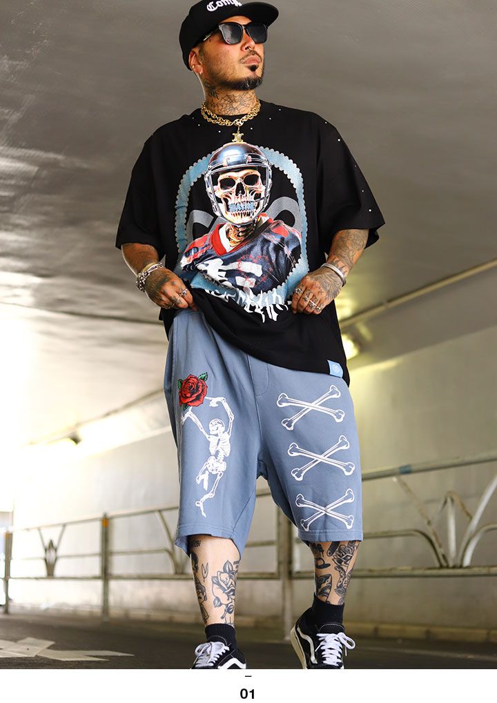 LIVE MECHANICS 上下セット 半袖 ブランド Tシャツ ハーフパンツ メンズ 春夏用 黒 大きいサイズ ライブメカニクス セットアップ ショートパンツ 派手 総柄 アイスホッケー スカル ビッグシルエ
