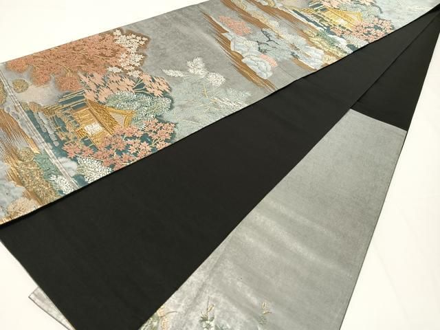 SO-382 袋帯 六通 正絹 京名所絵図 三千院 風景文様 高級 美品 平和屋着物▽六通柄袋帯 京洛園 三千院 金銀糸 引箔 正絹 逸品