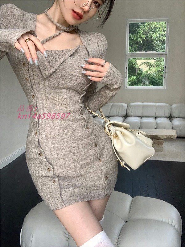 ニット長袖タイトミニワンピース韓国ギャルファッ
