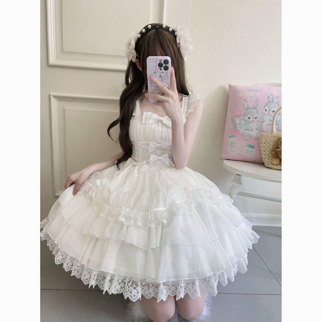 【韓嬢♡熊ジャズ】ゴスロリ・ロリータドレスロリィタ　jskサスペンダードレス　白 韓嬢＃煥羽の恋】ゴスロリ☆ロリータドレス jsk サスペンダー