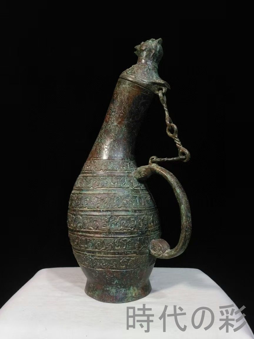 中国古美術 戦国青銅鳥蓋瓠壺 礼器 祀天酒器 鳥首造形 鍍金 唐物骨董 青銅器 礼器 盛酒器 瓠壺 鳥蓋 鍍金 彫刻 唐物 骨董 古代金属工芸 風水鎮宅 R07071204