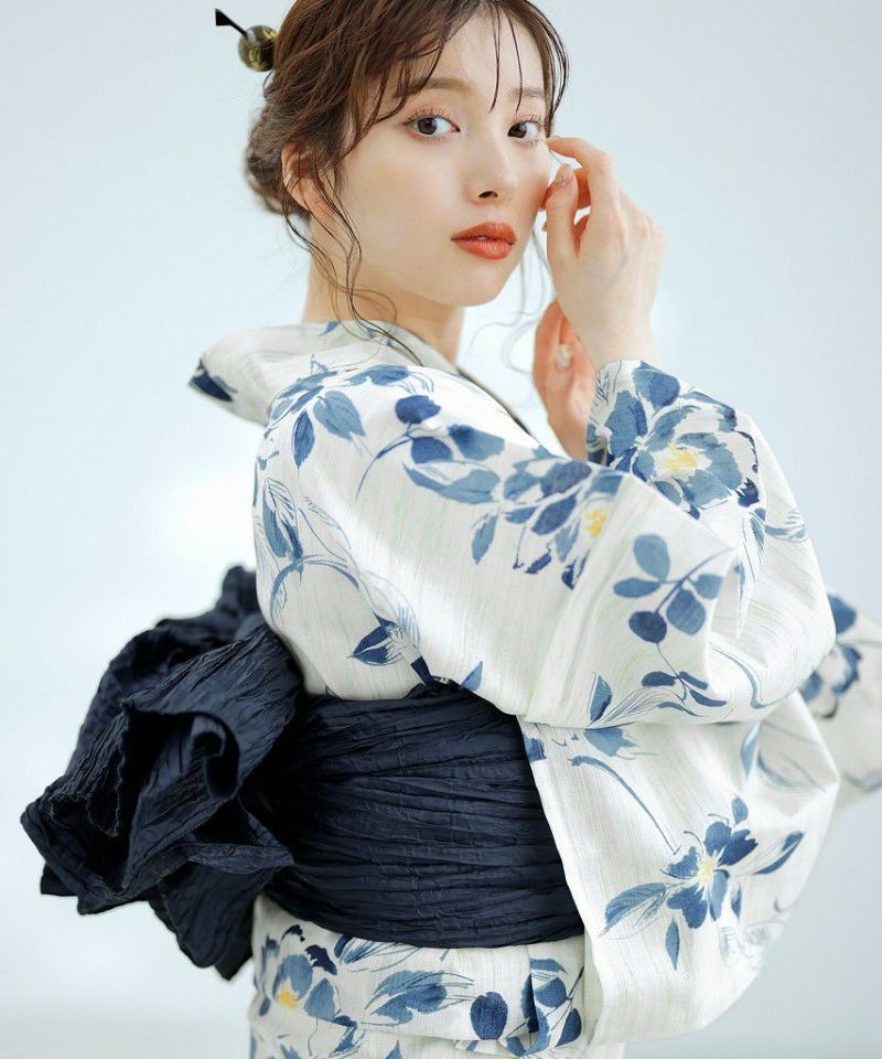 泡沫の花しらべ Dita official 2025 浴衣 5点セット レディース ゆかた しわ兵児帯 下駄 着付け本 腰ひも 大人 可愛い 紺 白 女性 レトロ 大正ロマン 黄色 青 選べる