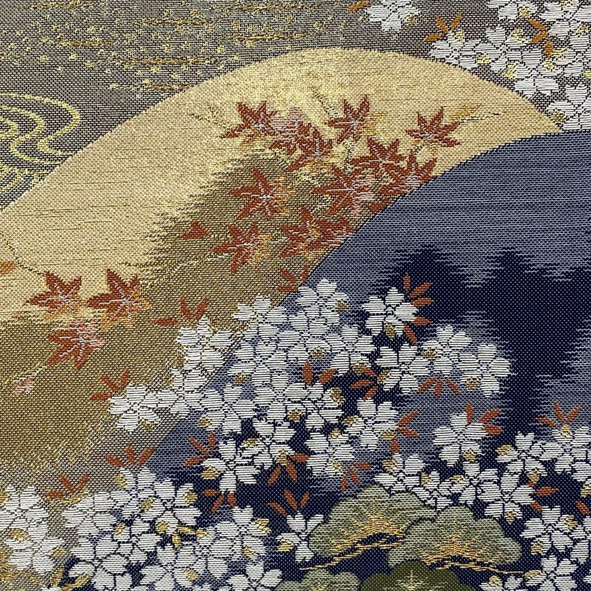 袋帯 六通 唐織 遠山 波 松 桜 金糸 緑地 秀粋元禄 袋帯 美品 秀品 桜 波 金糸 唐織 クリーム 六通 正絹 【中古