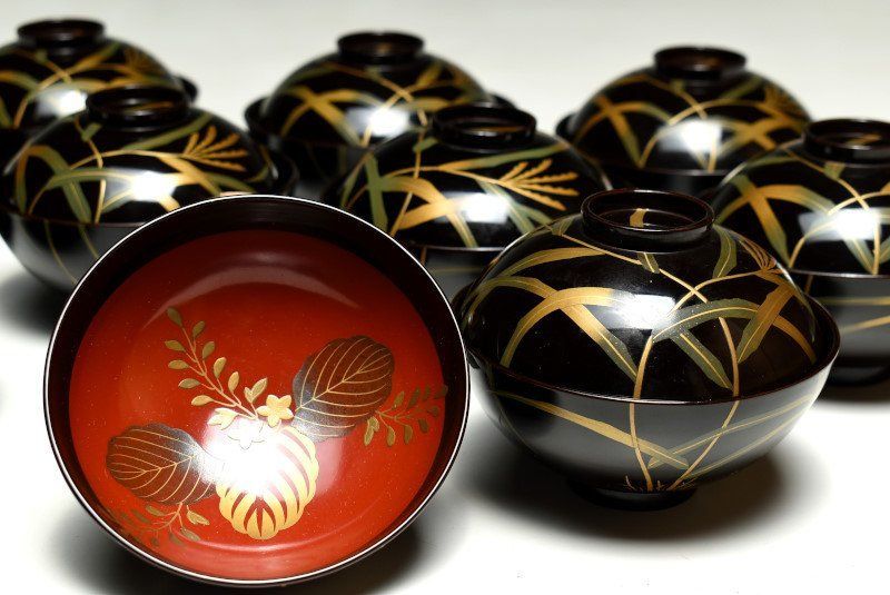 蔵C9644 木製内朱塗 蒔絵草花文 吸物椀 汁椀 十客