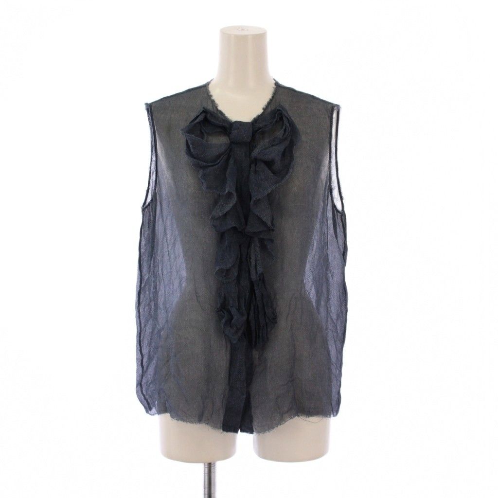 シャネル CHANEL シャツ ブラウス フリル ノースリーブ シアー シースルー シルク 38 紺 ネイビー |BB