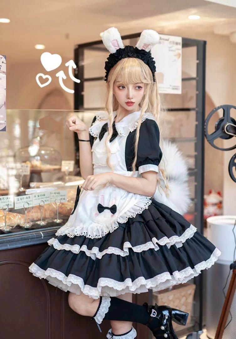 かわいいうさぎ耳カチューシャ付きひざ丈ワンピース普段着にもメイド風コーデにも